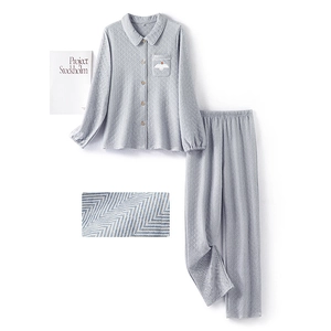 Three-layer thick cotton quilted gray pajama set with bird embroidery for couples