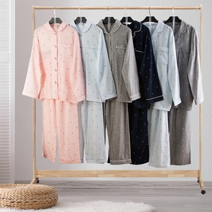 100% Cotton Double Gauze Top And Pants Pajamas Long Sleeve Sleepwear Fish Pattern For Women Men Loungewear