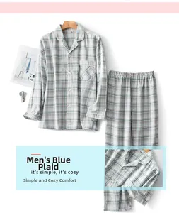 Detailansicht des blauen Herren-Schlafanzugs aus gebürsteter Baumwolle mit Karomuster