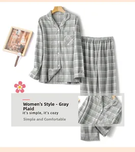 Detailansicht der Damen-Pyjama-Set aus grauer Baumwolle mit Revers und langer Hose