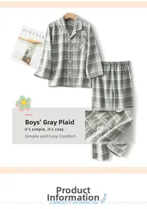 Detail view of boys heather grey plaid flannel pajama set with soft cotton fabric texture