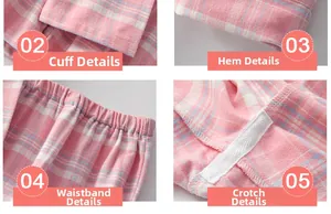 Detailed views of sleeve cuffs, hem, elastic waistband and reinforced stitching on plaid pajamas
