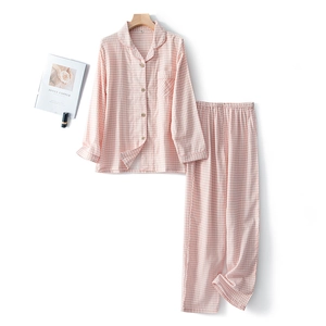 Japanese style pink plaid cotton pajama set for couples with long sleeves and pants