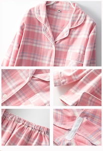 Detailansicht der rosa karierten Baumwollpyjamas mit Nähten, Kragen und weichem Stoff
