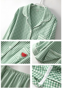 Detail shots of green checkered cotton pajamas featuring cute watermelon embroidery and stitching