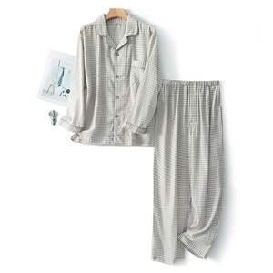 Japanese style unisex beige plaid cotton pajama set with long sleeves and pants