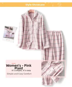 Vue détaillée du pyjama en velours corail à carreaux roses avec haut boutonné doux