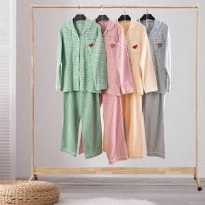 Women Cotton Brushed Flannel Pajamas Plaid Pattern Fruit Embroidery Long Sleeve Shirt And Pants Sleepwear Loungewear