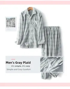 Détails du pyjama épais en polaire corail à carreaux gris avec boutons et poche poitrine