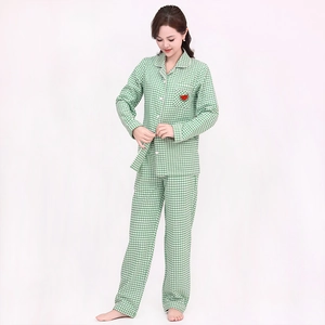 Women's green checkered cotton pajama set featuring cute watermelon embroidery on chest