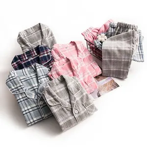 Classic plaid cotton pajama sets with button-down shirts and pants for couples