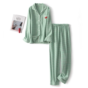 Women's green checkered cotton pajama set with cute watermelon embroidery and lapel collar