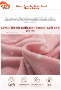 Close-up of thick pink coral fleece fabric with white star pattern for warm sleepwear