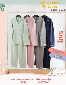 Three-layer quilted cotton pajama sets in mint, pink, and navy for couples