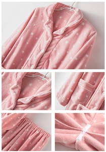 Detail view of pink star pattern coral fleece pajamas showing collar, pocket and seams