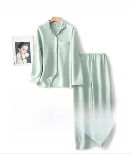 Detail view of women's light green quilted pajamas set with shirt collar and front buttons