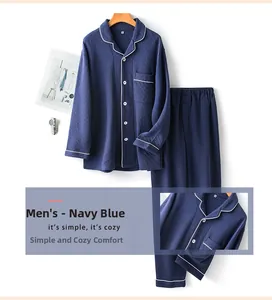 Detail of navy blue quilted pajamas for men with white piping and chest pocket