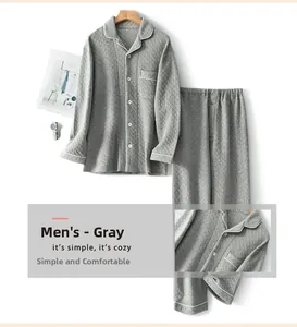 Close-up of grey quilted cotton pajamas for men with lapel collar and contrast piping