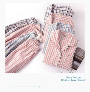 Macro detail of breathable double-layer gauze cotton plaid pajamas in various colors