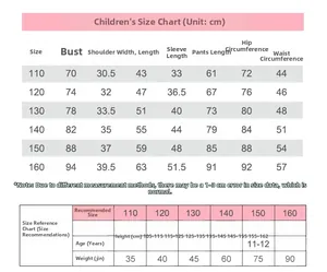 Tableau des tailles détaillé pour pyjamas en coton enfant des tailles 110 à 160