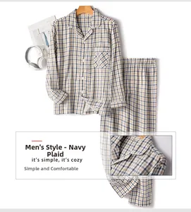 Detailed view of men's navy plaid double-layer gauze cotton pajama set with shirt and pants