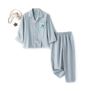 Pyjama enfant en coton à carreaux bleu et blanc avec broderie de dinosaure mignonne