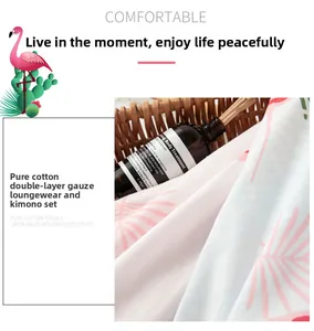 Detail view of flamingo print on soft double-layer cotton gauze kimono pajamas fabric