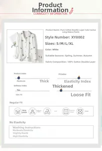 Detail view of cotton pajama fabric with cactus prints and size specifications chart