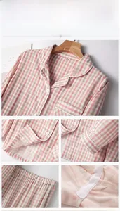 Detail display of pink plaid cotton pajamas showing sleeve cuffs and elastic waistband