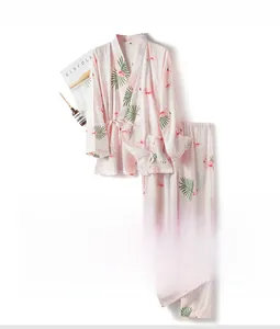 Pink flamingo print cotton kimono pajamas set with long sleeves and pants for women
