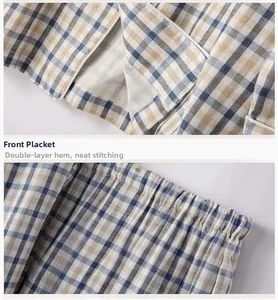 Detail of cotton plaid pajamas showing double-layer edging and neat stitching on the placket