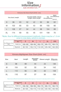 Detailed size chart for cotton flamingo kimono pajama set and nursing nightgown