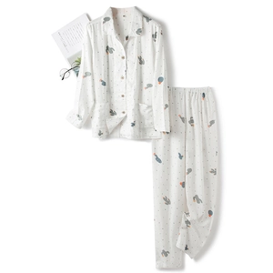 Women 100% Cotton Double Layer Gauze Pajama Set Cactus Print Long Sleeve Top And Bottom Breathable Lapel Sleepwear Home Service