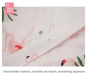 Detail of invisible snap buttons on flamingo print cotton pajamas for secure closure