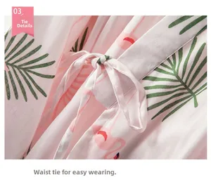 Detail showing the adjustable waist tie on flamingo print cotton sleepwear