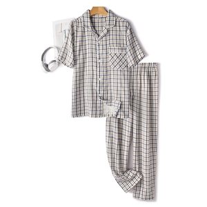 Classic blue plaid cotton pajama set with short-sleeve button-down shirt and long pants