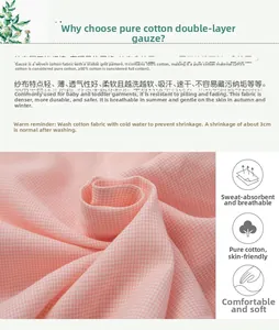 Detail of 100% cotton double gauze fabric with breathable pink checkered texture