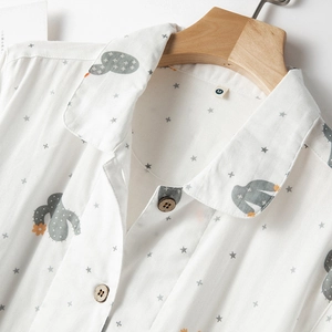 Women's cotton pajamas set with cactus and star print on white breathable fabric