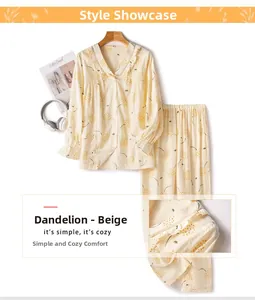 Detail of ruffle V-neck and dandelion print on soft cotton pajama top