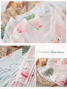 Detailed view of flamingo print cotton pajamas with ruffled sleeves and v-neck button design