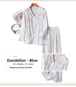 Detail of light blue cotton pajama set featuring pink dandelion print and ruffle collar