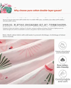 Detail of 100% cotton gauze fabric with flamingo print and breathable texture
