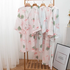 Women Flamingo Cotton Double Layer Gauze Kimono Pajamas Nursing Sleepwear Nightgown Long Sleeve Lounge Wear Home Suit