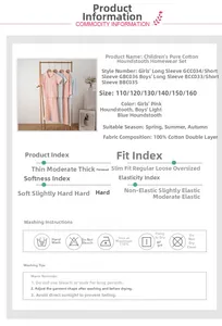 Detailed size chart and fabric specifications for cotton houndstooth kids pajama sets