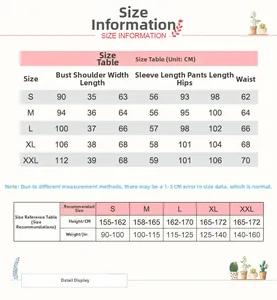 Detailed size chart for cotton pajama set including chest, shoulder, and length measurements