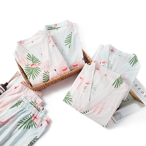 Japanese style flamingo print cotton pajamas set with long sleeves and pants for women