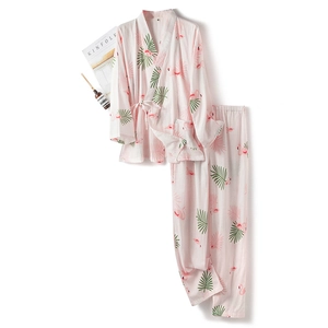 Pink cotton flamingo print kimono pajamas set with long sleeves and matching pants