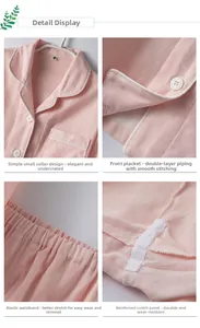 Detail view of pink plaid cotton pajamas featuring soft lapels and elastic waistband