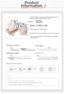 Detail of flamingo print pajamas showing 100% cotton double gauze fabric and wash care icons