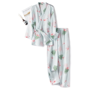 Women's cotton flamingo print kimono pajama set with long sleeves and pants